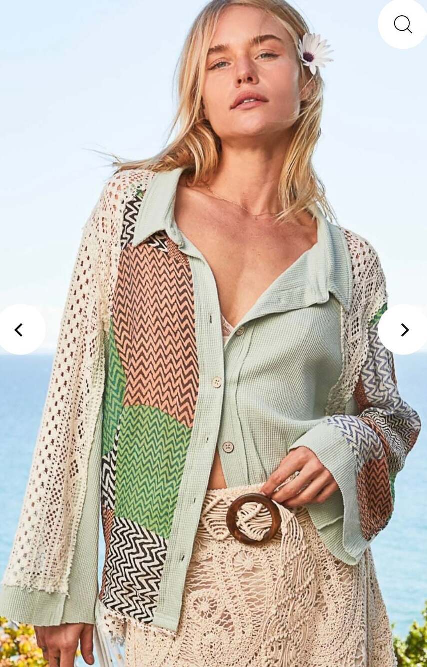 POL Boho Mixed Media Patchwork Waffle Knit Shacket with Crochet Lace Sleeves